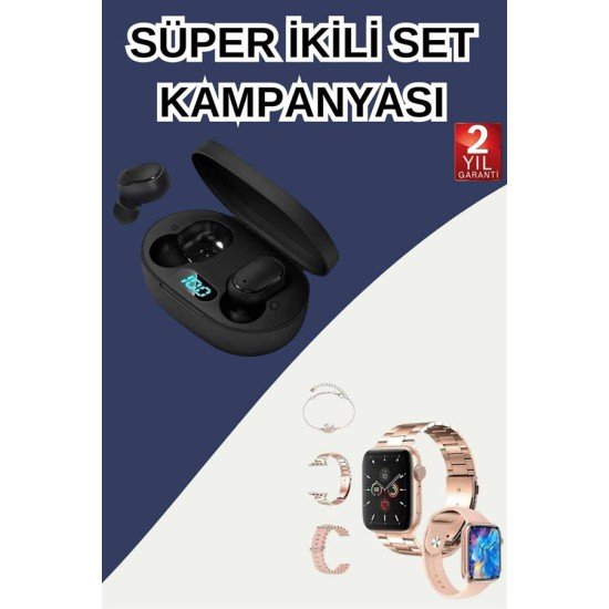 Nabız Ölçer Hediye Bileklikli Akıllı Saat ve Dijital Göstergeli Bluetooth Kulaklık Çoklu Şarj Girişi