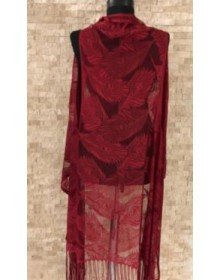 Pareo Dantel Yelek Mayo Bikini Üzeri Yaprak Desenli Püsküllü Plaj Elbisesi - Bordo