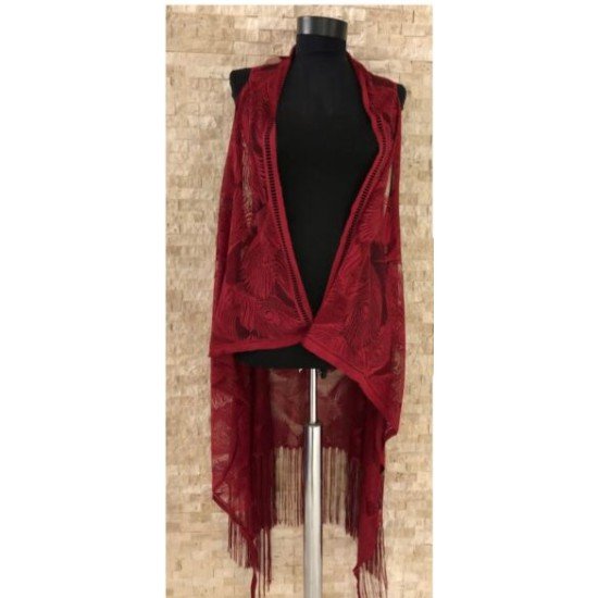 Pareo Dantel Yelek Mayo Bikini Üzeri Yaprak Desenli Püsküllü Plaj Elbisesi - Bordo Pareo Dantel Yelek Mayo Bikini Üzeri Yaprak Desenli Püsküllü Plaj Elbisesi - Bordo