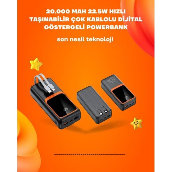 Powerbank 20000 mAh | 22.5W Hızlı Şarj, Dahili Kablolu, LCD Ekranlı Şarj Cihazı Powerbank 20000 mAh | 22.5W Hızlı Şarj, Dahili Kablolu, LCD Ekranlı Şarj Cihazı
