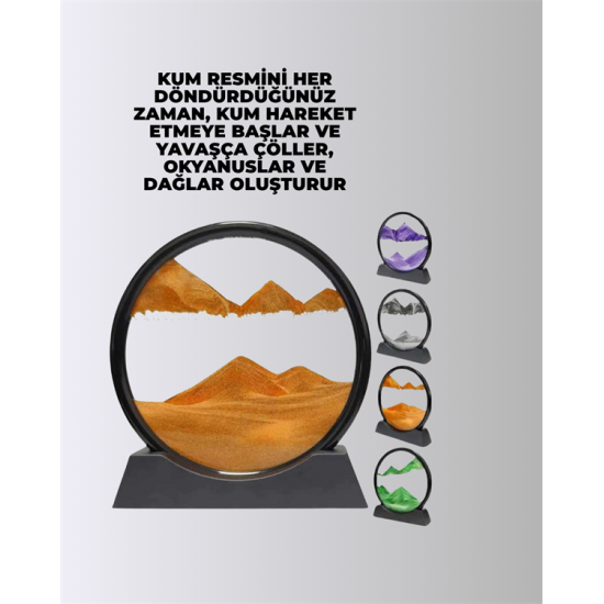 Rahatlatıcı Kum Sanatı – Yuvarlak Cam Çerçeveli Hareketli Kum Resmi, Ofis ve Ev İçin Etkileşimli Masaüstü Süs