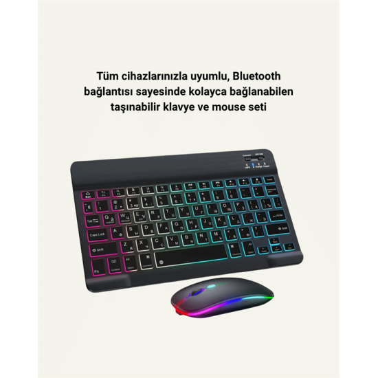 RGB Aydınlatmalı Şarjlı Kablosuz Klavye ve Mouse Seti – Modern ve Kompakt Tasarım RGB Aydınlatmalı Şarjlı Kablosuz Klavye ve Mouse Seti – Modern ve Kompakt Tasarım