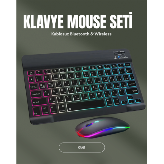 RGB Aydınlatmalı Şarjlı Kablosuz Klavye ve Mouse Seti – Modern ve Kompakt Tasarım RGB Aydınlatmalı Şarjlı Kablosuz Klavye ve Mouse Seti – Modern ve Kompakt Tasarım