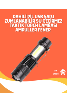 Şarjlı LED El Feneri - 14500 Pil Dahil, 4 Işık Modu, Mini Boy