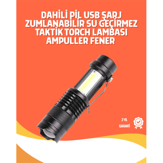 Şarjlı LED El Feneri - 14500 Pil Dahil, 4 Işık Modu, Mini Boy