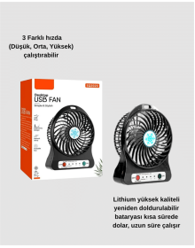 Şarjlı USB Fan – Masaüstü Mini Vantilatör, Taşınabilir, Işıklı, 3 Kademeli, Sessiz