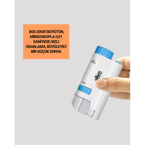 LED Aydınlatmalı 80–200 Kat Büyütmeli Cep Mikroskop
