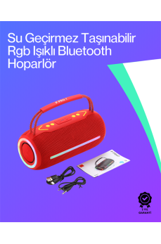 360 RGB LED'li Taşınabilir Bluetooth Hoparlör – Kırmızı, USB/TF Destekli