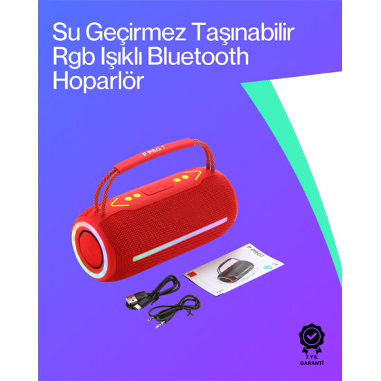 360 RGB LED'li Taşınabilir Bluetooth Hoparlör – Kırmızı, USB/TF Destekli