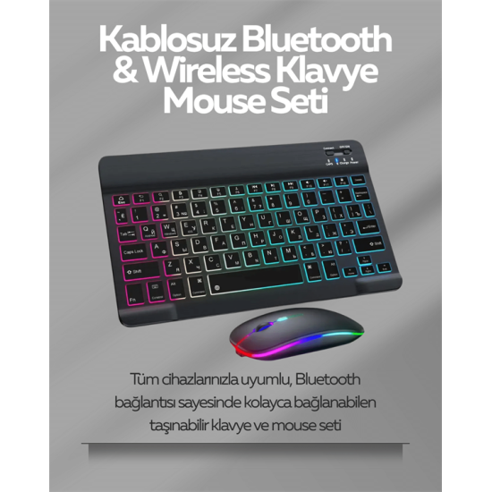 Tüm Cihazlarla Uyumlu RGB Işıklı Kablosuz Klavye ve Mouse Seti Tüm Cihazlarla Uyumlu RGB Işıklı Kablosuz Klavye ve Mouse Seti