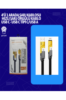 USB-C ve Lightning Uyumlu 4'ü 1 Arada Kablo – 65W Hızlı Şarj, Örgülü Dayanıklı Yapı