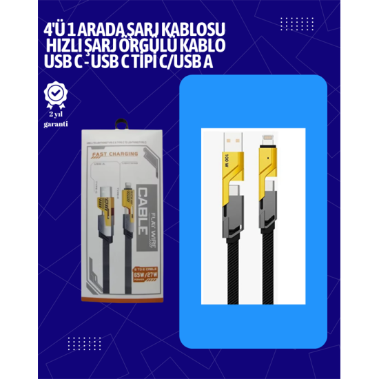 USB-C ve Lightning Uyumlu 4'ü 1 Arada Kablo – 65W Hızlı Şarj, Örgülü Dayanıklı Yapı USB-C ve Lightning Uyumlu 4'ü 1 Arada Kablo – 65W Hızlı Şarj, Örgülü Dayanıklı Yapı