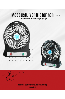USB Girişli Taşınabilir Masaüstü Mini Fan – 3 Kademeli Hız, Şarjlı, Işıklı, Sessiz Çalışma