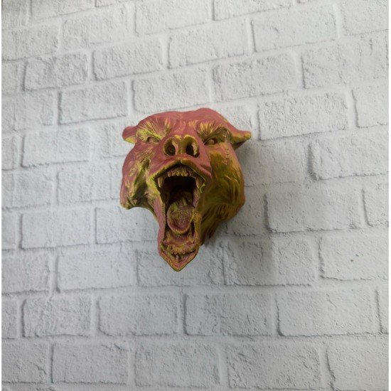 Dekoratif Asılabilir Jaguar Başı 3D Duvar Heykeli Gold Red 20x16 cm
