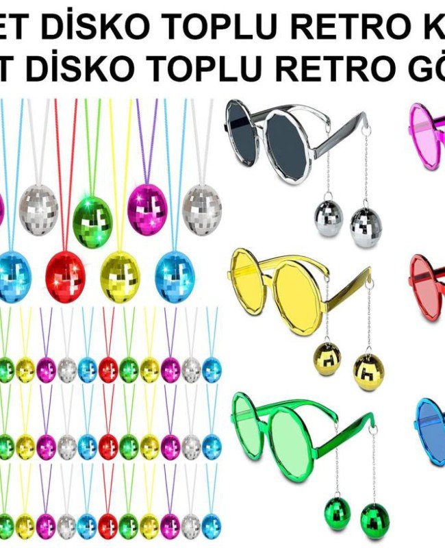 12 Parça Renkli Disko Toplu Retro Parti Seti – 6 Kolye + 6 Gözlük