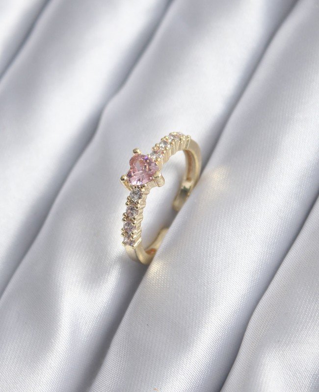 Gold Renk Zirkon Taşlı Pembe Kristal Kalp Model Kadın Yüzük