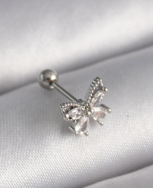 316L Çelik Gümüş Renk Zirkon Taşlı Kelebek Tragus Piercing