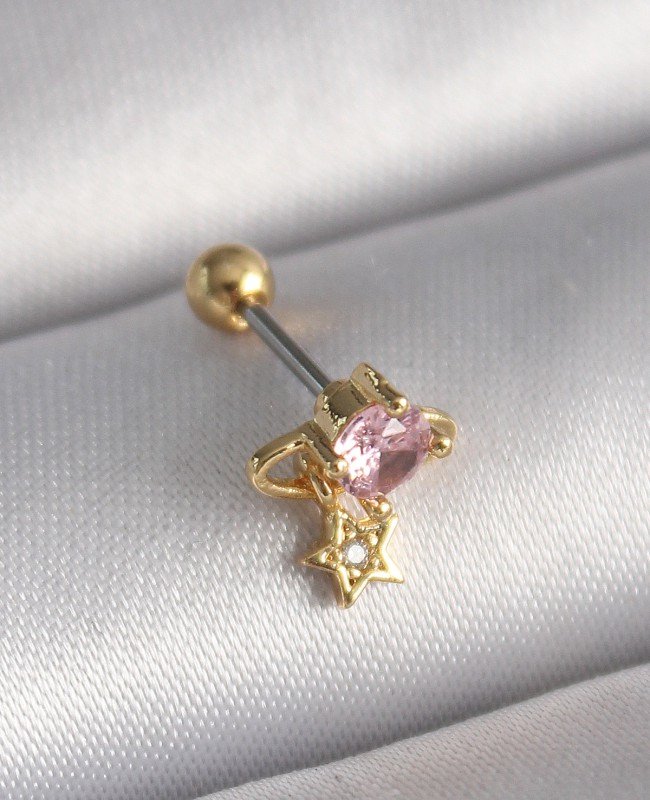 316L Çelik Gold Renk Pembe Zirkon Taşlı Sallantı Yıldız Detay Tragus Piercing - TJ-PR1236