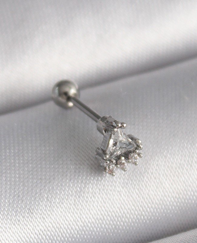 316L Çelik Gümüş Renk Üçgen Zirkon Taşlı Tragus Piercing