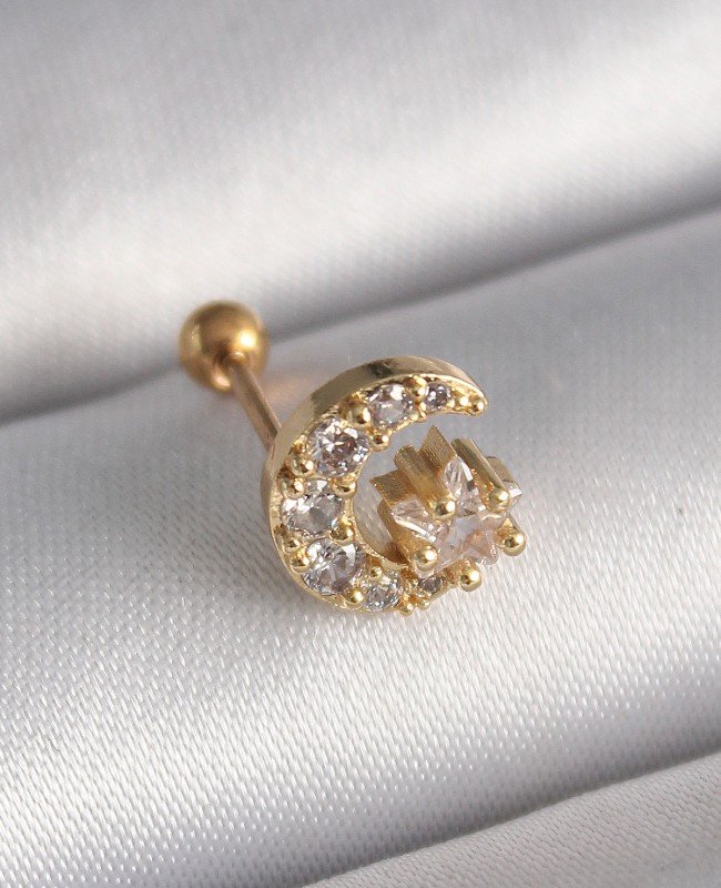 316L Çelik Gold Renk Zirkon Taşlı Ay Yıldız Tragus Piercing 316L Çelik Gold Renk Zirkon Taşlı Ay Yıldız Tragus Piercing