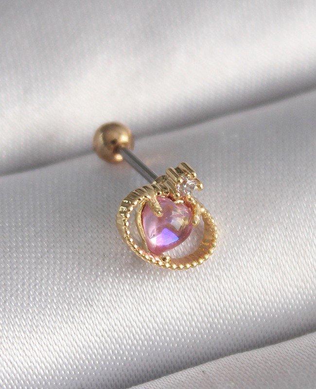 316L Çelik Gold Renk Pembe Mineli Kalp Zirkon Taş Detay Tragus Piercing