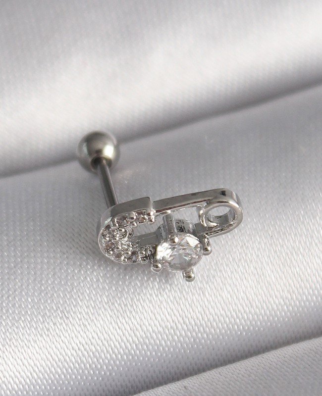 316L Çelik Gümüş Renk Zirkon Taşlı Toplu İğne Tragus Piercing