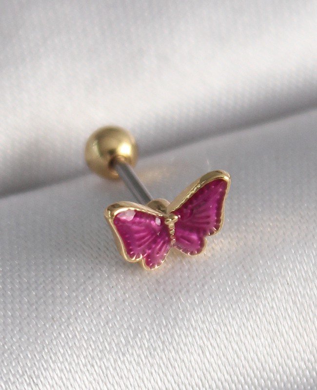 316L Çelik Gümüş Renk Pembe Kelebek Model Tragus Piercing
