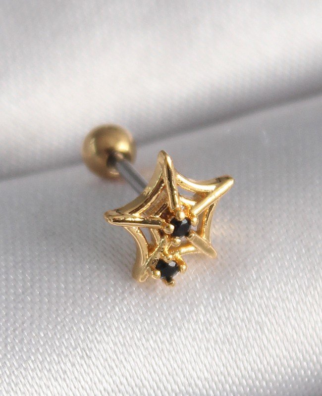 316L Çelik Gold Renk Siyah Zirkon Taş Detay Örümcek Ağ Model Tragus Piercing 316L Çelik Gold Renk Siyah Zirkon Taş Detay Örümcek Ağ Model Tragus Piercing