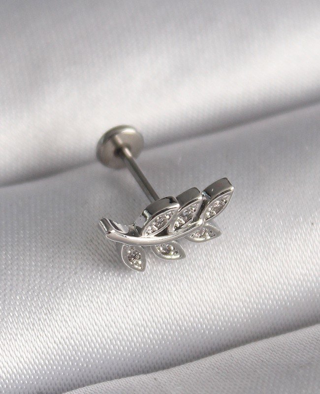 316L Çelik Gümüş Renk Dal Model Zirkon Taş Detaylı Tragus Piercing
