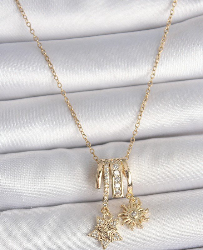 316L Çelik Gold Renk Sallantı Zirkon Taşlı Yıldız Güneş Figür Charm Kadın Kolye - TJ-BKO10100