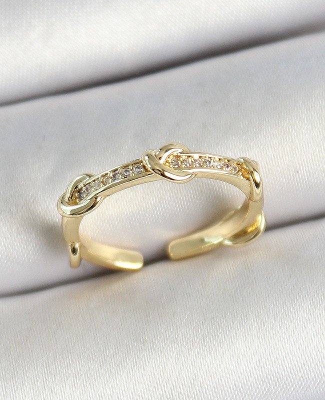 Pirinç Düğüm Figürlü Zirkon Taşlı Gold Renk Ayarlanabilir Kadın Yüzük