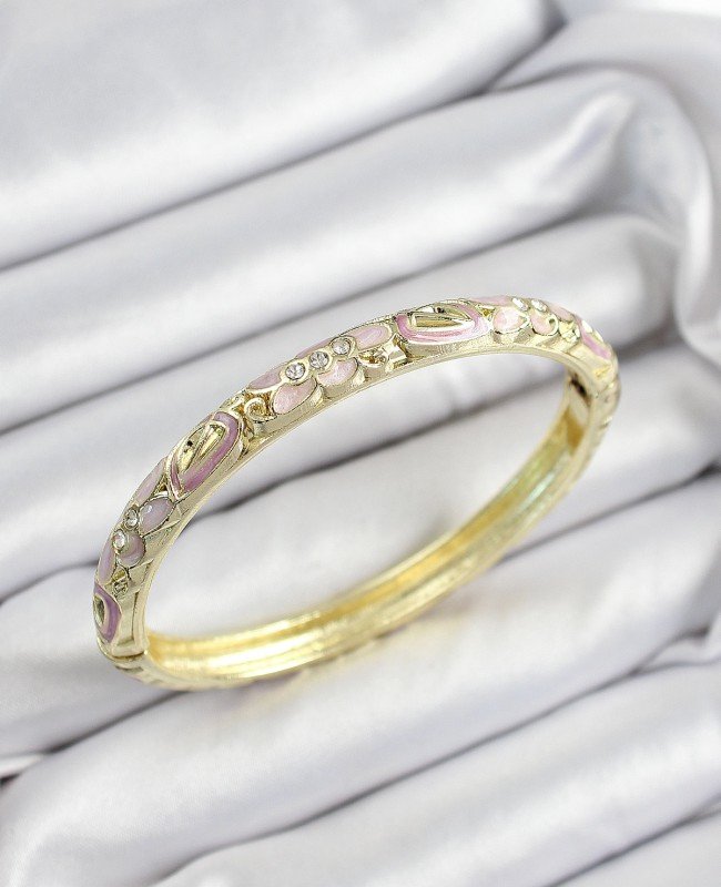 Mineli Pirinç Zirkon Taşlı Fuşya Çiçek Motifli Gold Renk Kadın Kelepçe-TB66523