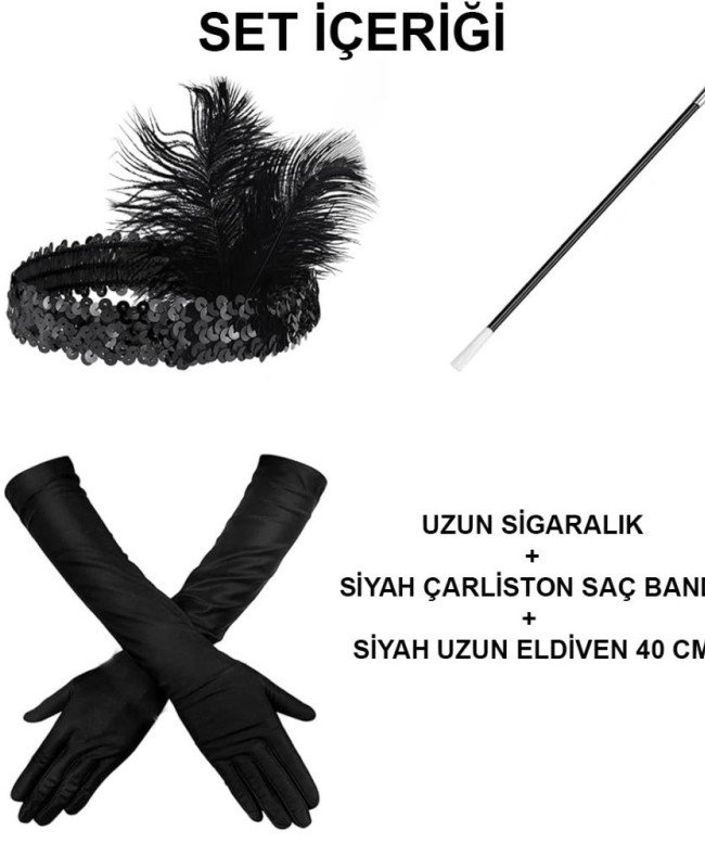 1920'ler Gatsby Aksesuar Seti – Siyah Charleston Saç Bandı, Uzun Eldiven & Sigaralık