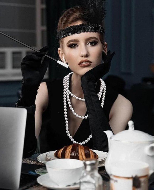 1920'ler Gatsby Aksesuar Seti – Siyah Charleston Saç Bandı, Uzun Eldiven & Sigaralık
