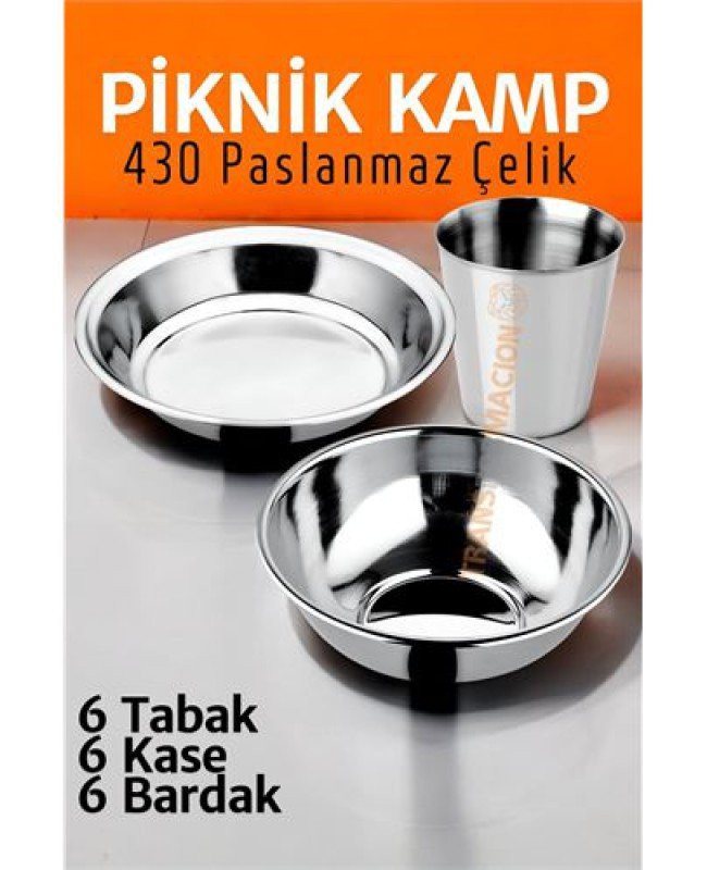 Paslanmaz Çelik Tabak Kase Bardak Seti Kamp Piknik Seti 18 Adet