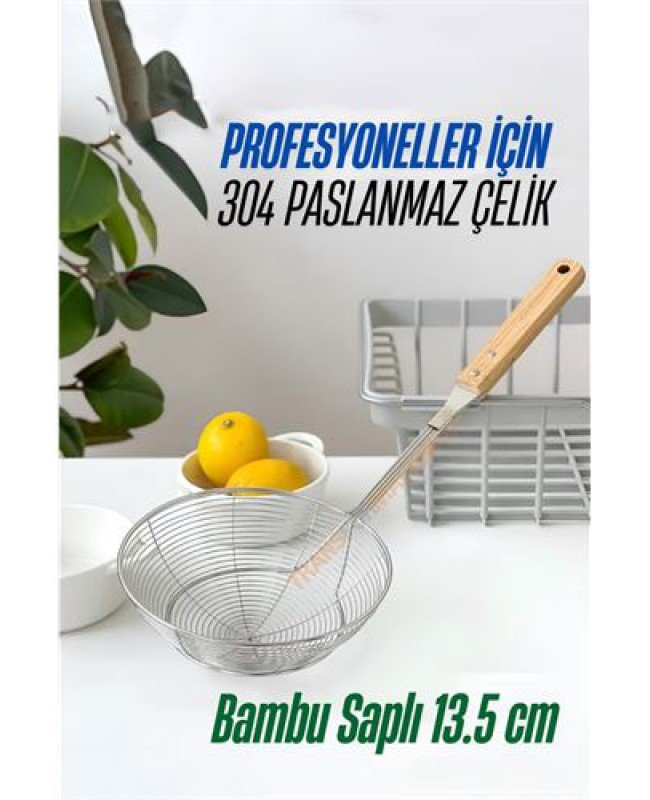 Bambu Saplı Kevgir Süzgeç 304 Paslanmaz Çelik 13.5 Cm