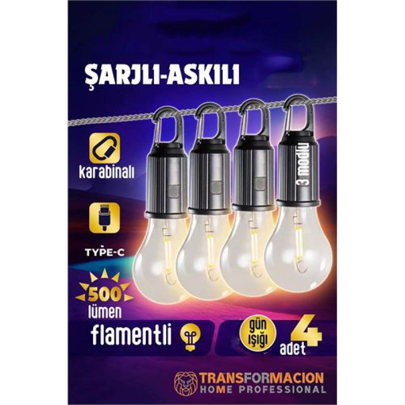 Askılı Portatif Şarjlı Askılı Ampül - 4 lü Kamp Lambası - Acil Durum Lambası