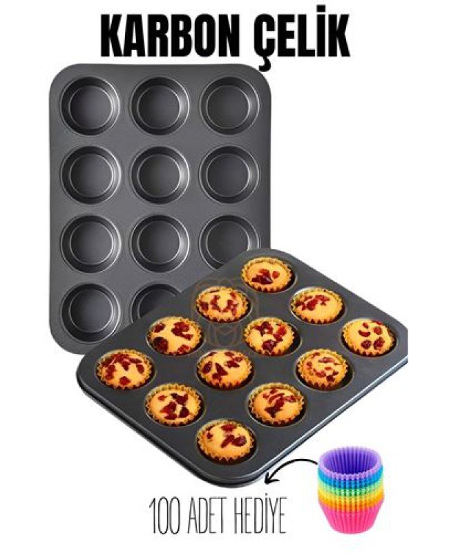 12 Li Muffin Kalıbı Teflon Çelik 100 Muffin Kağıtlı
