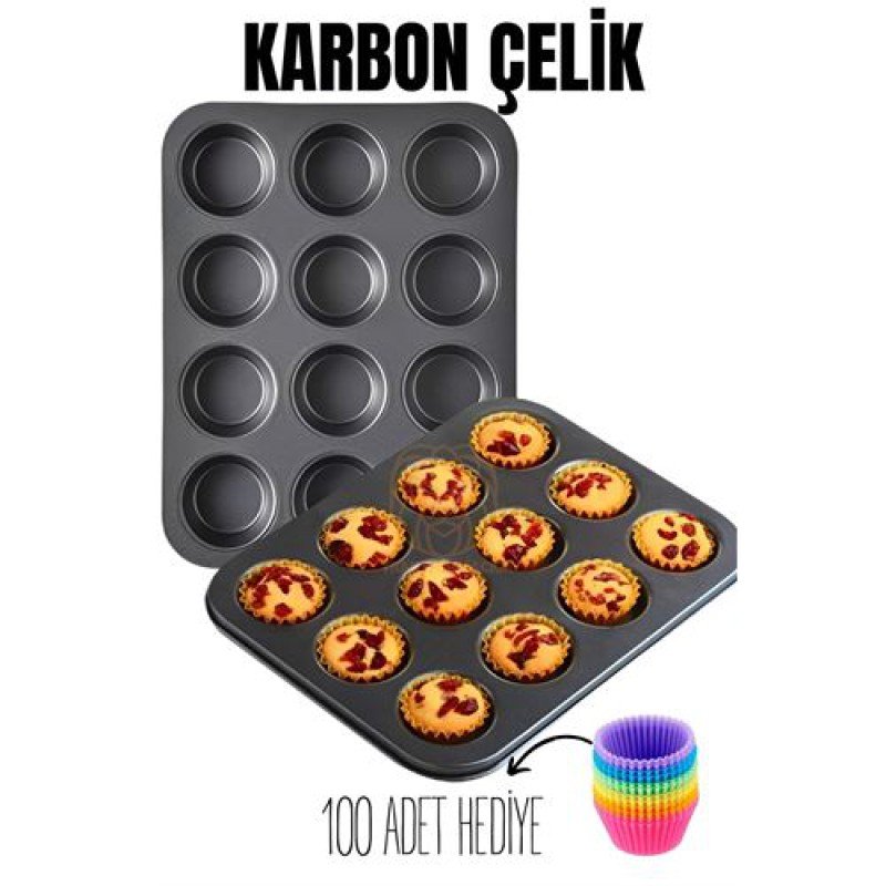 12 li Muffin Kalıbı Teflon Çelik 100 Muffin Kağıtlı 12 li Muffin Kalıbı Teflon Çelik 100 Muffin Kağıtlı