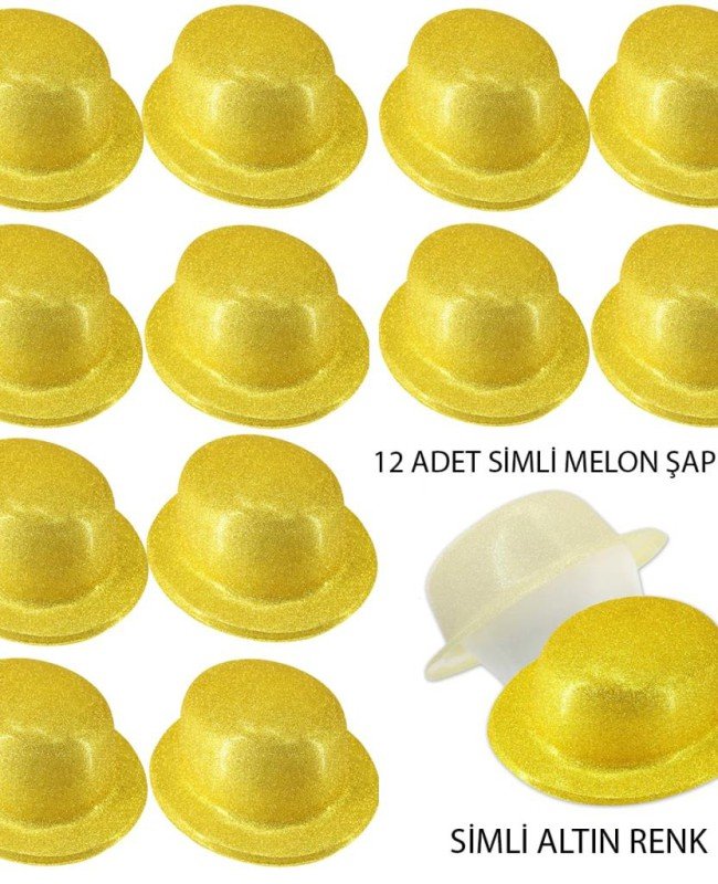Altın Renk Simli Melon Yuvarlak Parti Şapkası 12 Adet Altın Renk Simli Melon Yuvarlak Parti Şapkası 12 Adet