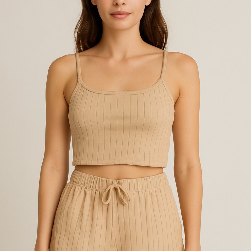 Crop Takım - Askılı Crop Takım Likralı Bej (L)
