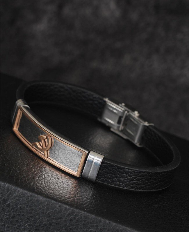 Rose Renk Orak Figürlü Metal Aksesuarlı Siyah Renk Deri Erkek Bileklik