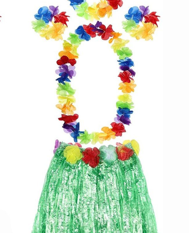 YETIŞKIN VE ÇOCUK UYUMLU LUAU ALOHA HAWAII YEŞIL ETEK VE RENKLI KOLYE TAÇ 2 ADET BILEKLIK SETI
